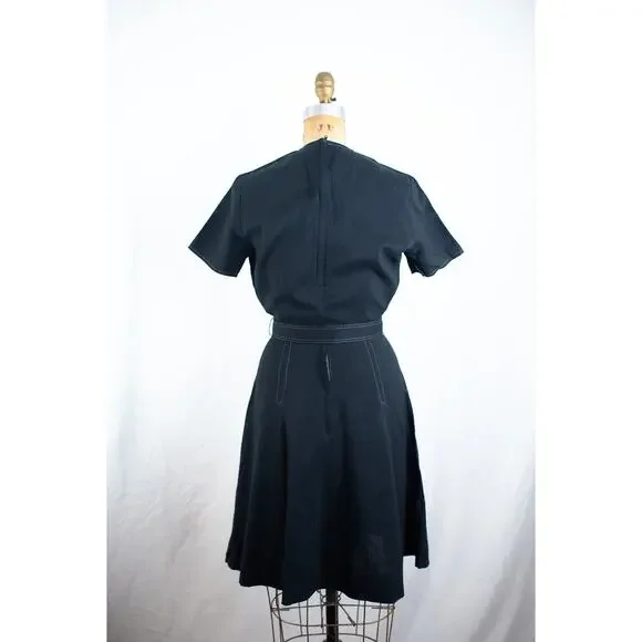 Vintage 60s Black Rayon Blend Mini Dress, Classic A-Line Retro Rockabilly, Small - Picture 8 of 13